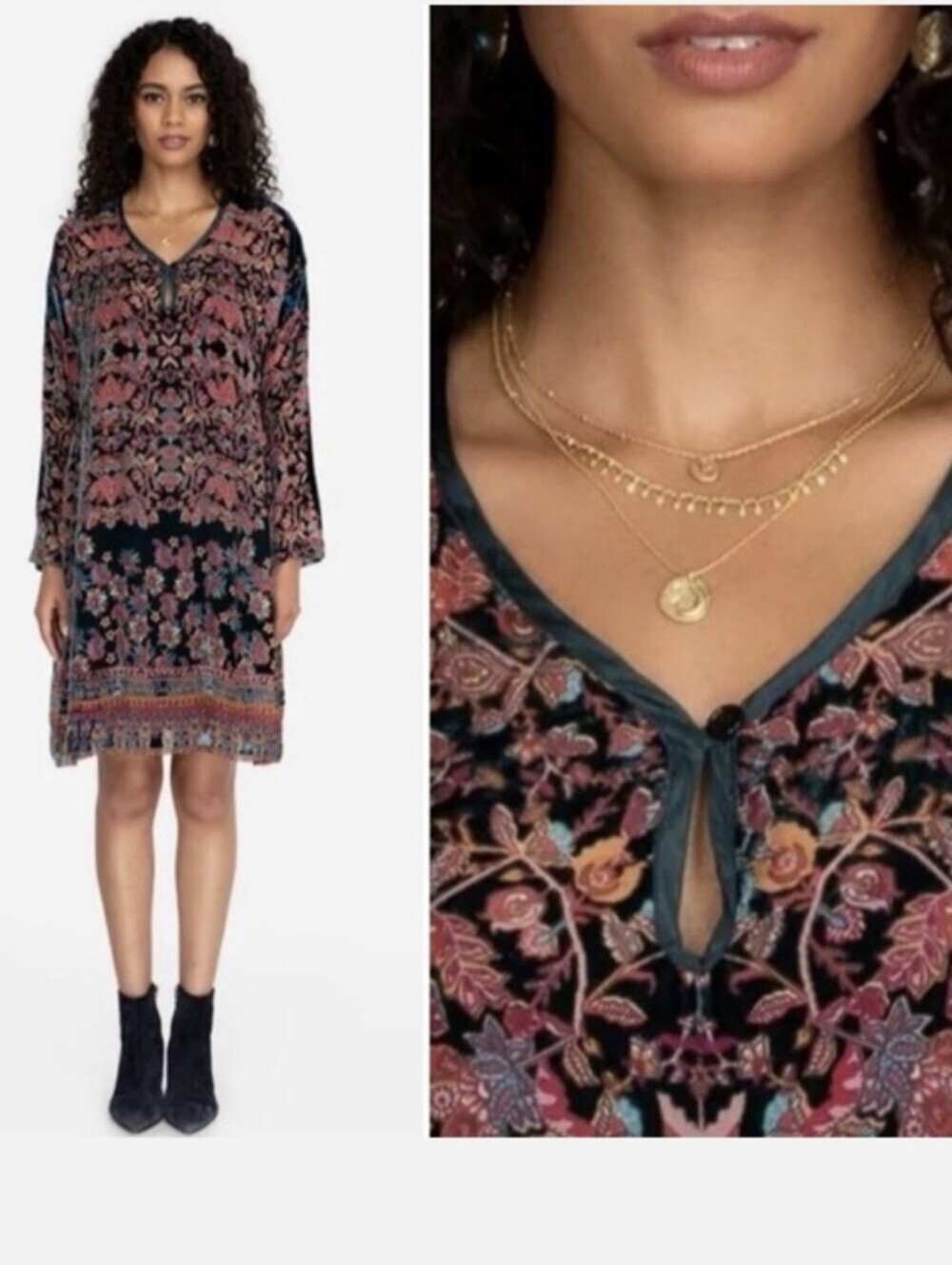 Johnny Was Women's Pete & Greta Boho Shic Velvet Silk Burnout Long Sleeve Dress